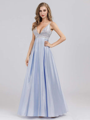 Color=Sky Blue | Women'S A-Line V-Neck Beaded Floor Length Evening Dress-Sky Blue 1