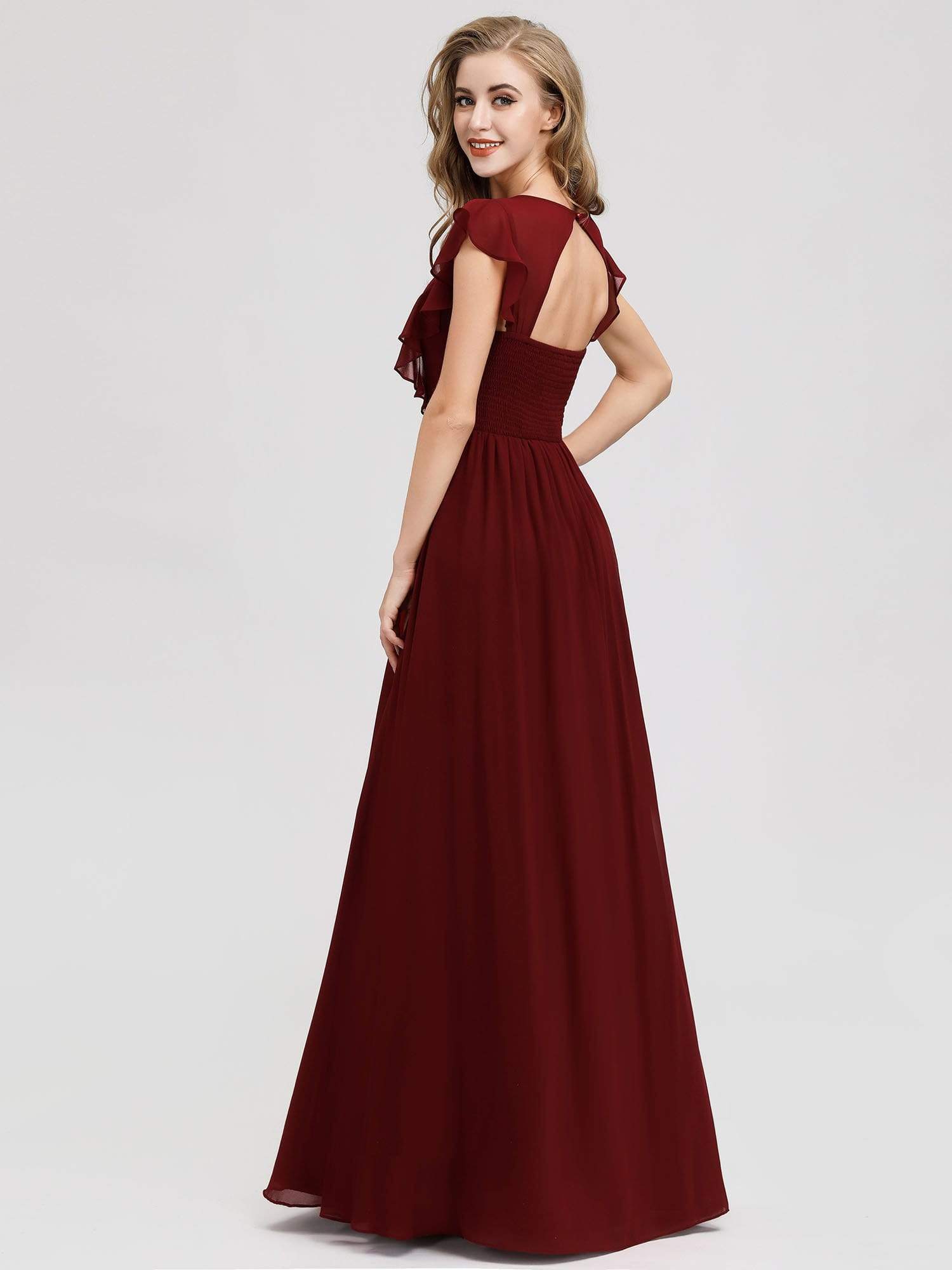 Color=Burgundy | Women'S A-Line V-Neck Sleeveless Wedding Party Bridesmaid Dress-Burgundy 2