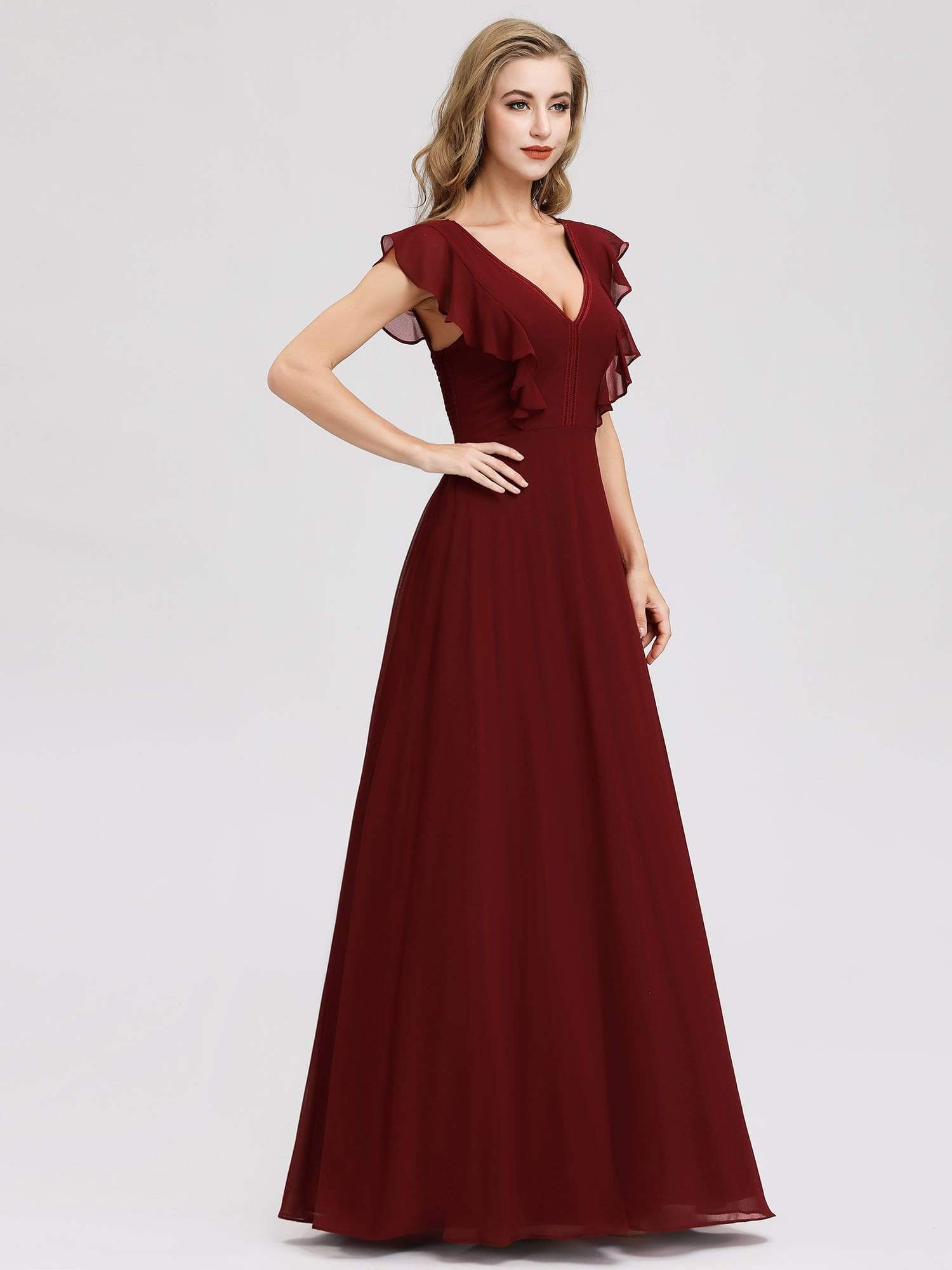 Color=Burgundy | Women'S A-Line V-Neck Sleeveless Wedding Party Bridesmaid Dress-Burgundy 3