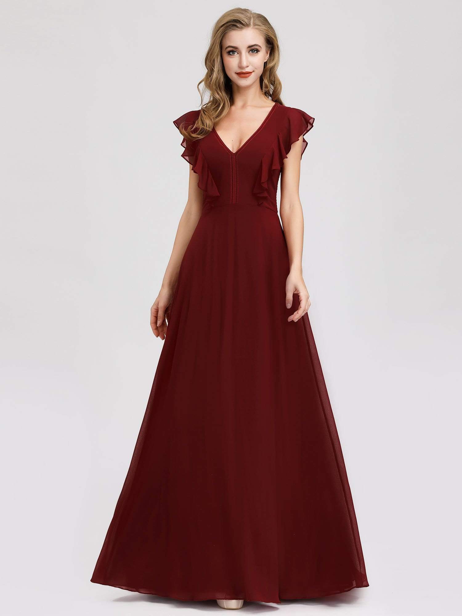 Color=Burgundy | Women'S A-Line V-Neck Sleeveless Wedding Party Bridesmaid Dress-Burgundy 4