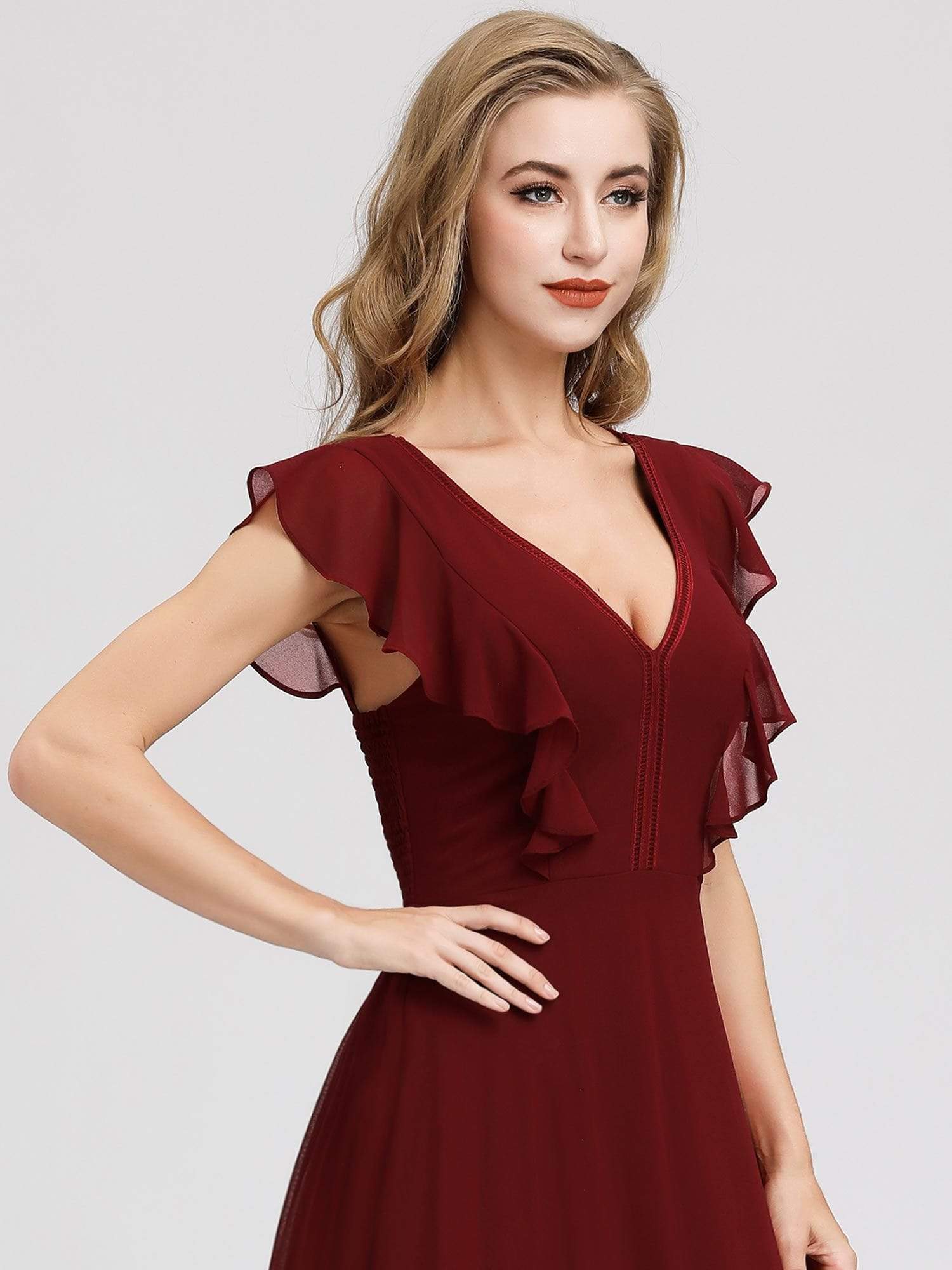 Color=Burgundy | Women'S A-Line V-Neck Sleeveless Wedding Party Bridesmaid Dress-Burgundy 5