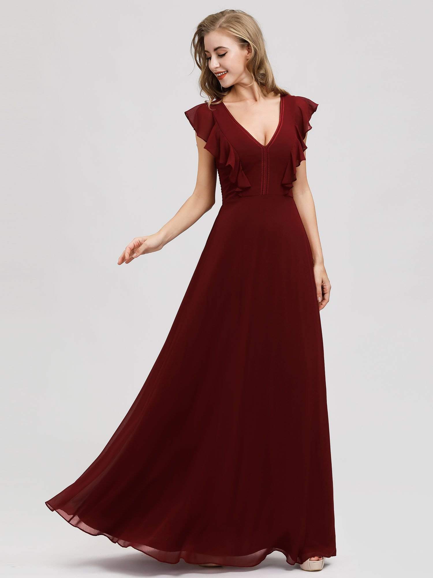 Color=Burgundy | Women'S A-Line V-Neck Sleeveless Wedding Party Bridesmaid Dress-Burgundy 1