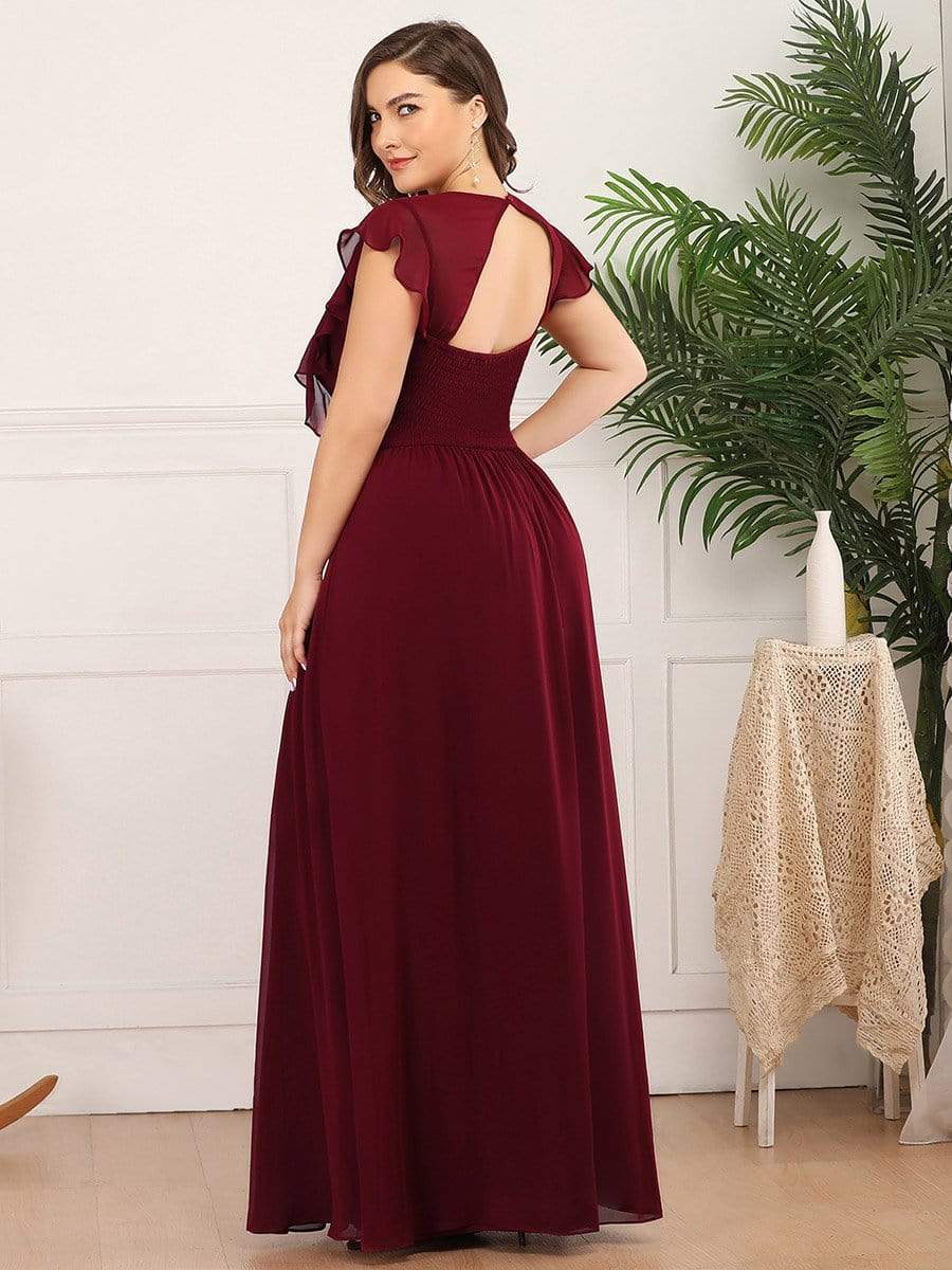 Color=Burgundy | Plus Size Women'S A-Line V-Neck Sleeveless Wedding Party Bridesmaid Dress-Burgundy 2