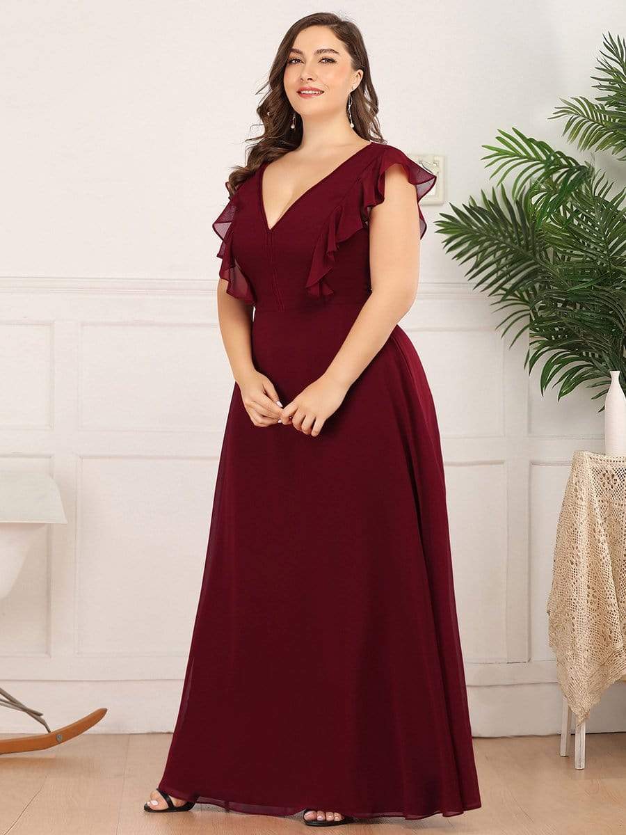 Color=Burgundy | Plus Size Women'S A-Line V-Neck Sleeveless Wedding Party Bridesmaid Dress-Burgundy 3