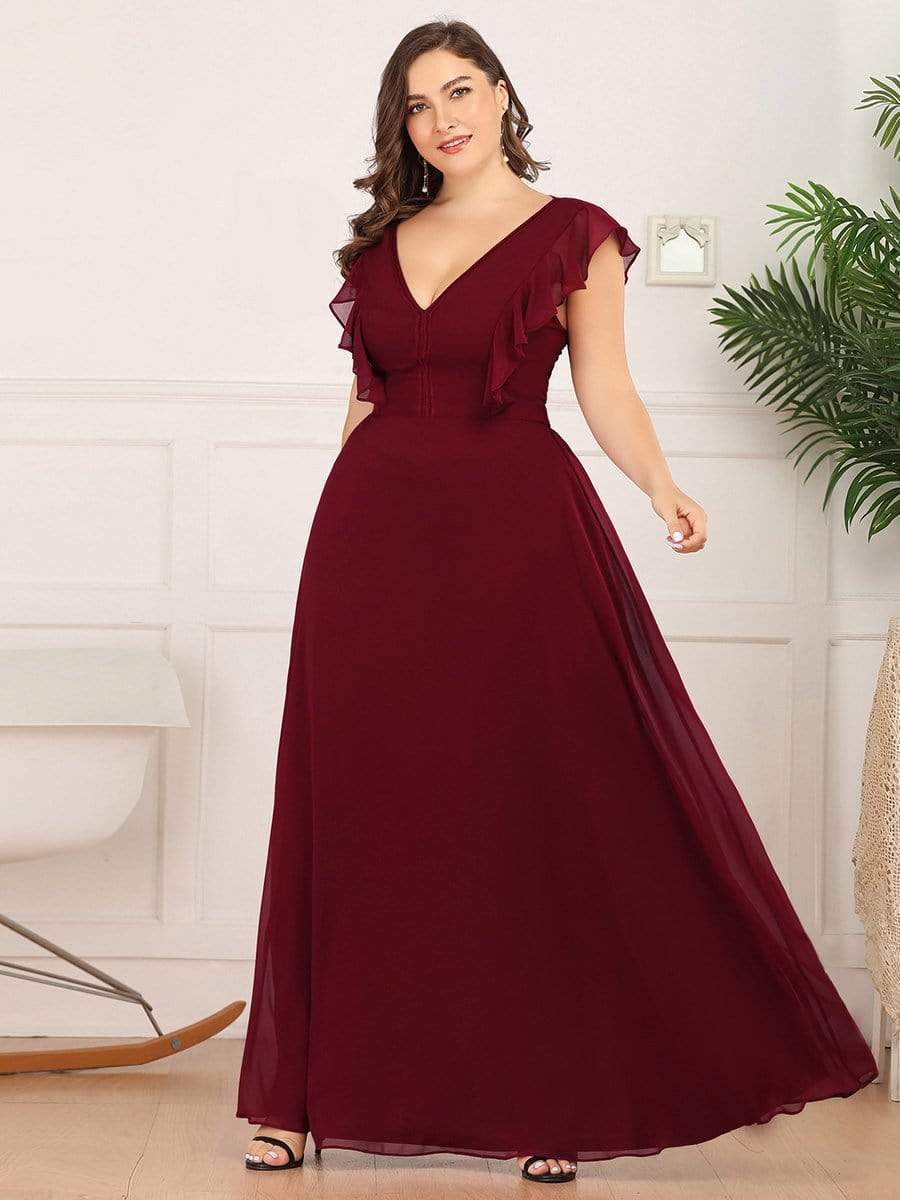 Color=Burgundy | Plus Size Women'S A-Line V-Neck Sleeveless Wedding Party Bridesmaid Dress-Burgundy 4