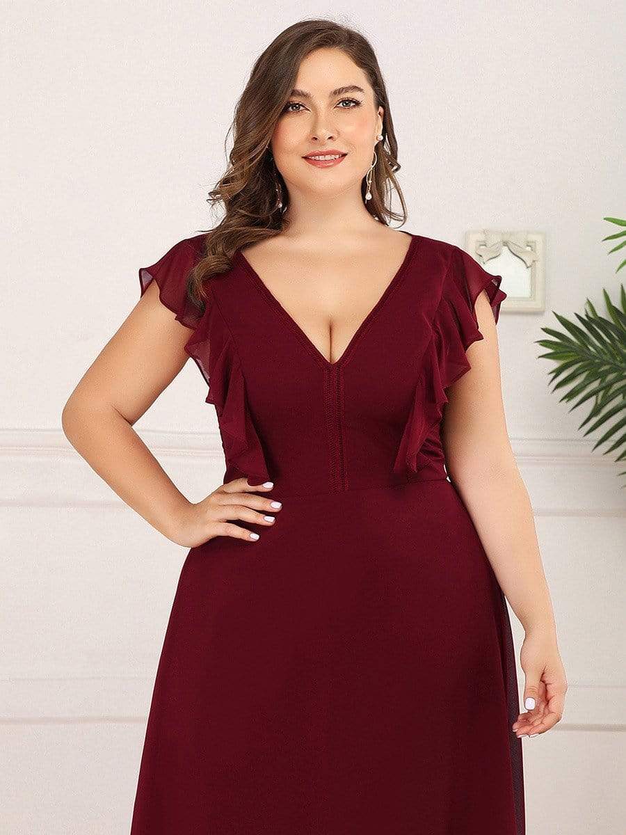 Color=Burgundy | Plus Size Women'S A-Line V-Neck Sleeveless Wedding Party Bridesmaid Dress-Burgundy 5