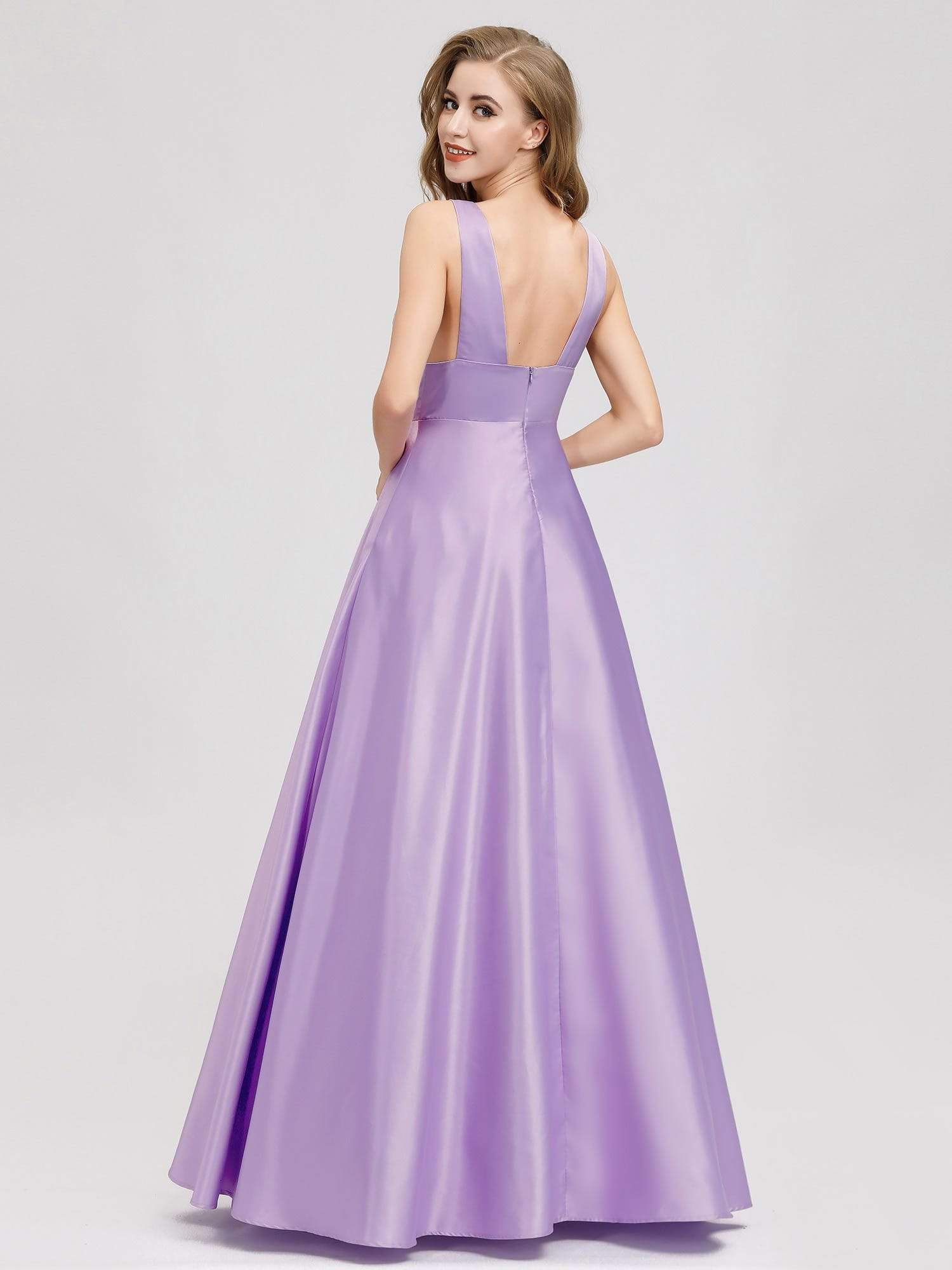 Color=Lavender | Women Fashion Deep V Neck A-Line Evening Dress-Lavender 2