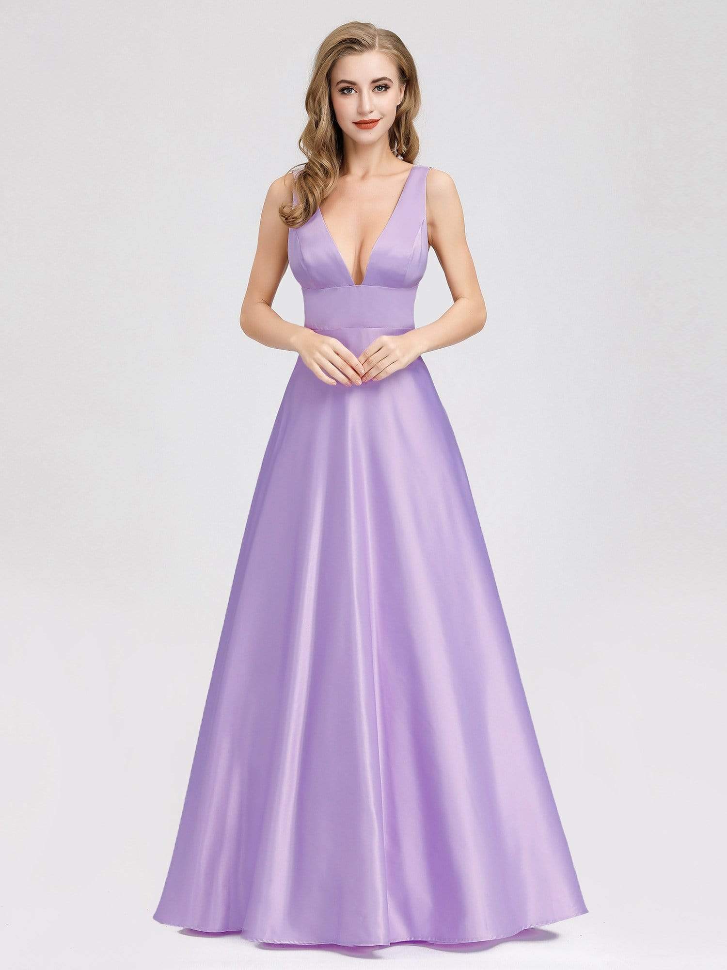 Color=Lavender | Women Fashion Deep V Neck A-Line Evening Dress-Lavender 1