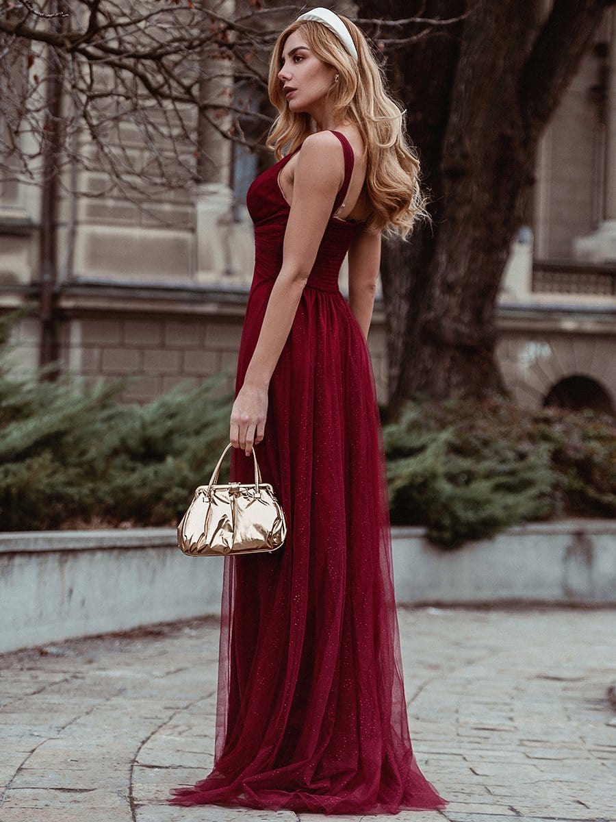 Color=Burgundy | Women'S A-Line V-Neck Sleeveless Floor Length Bridesmaid Dresses-Burgundy 2