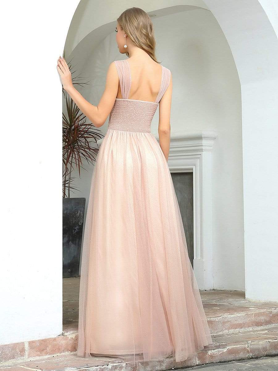 Color=Blush | Women'S A-Line V-Neck Sleeveless Floor Length Bridesmaid Dresses-Blush 3