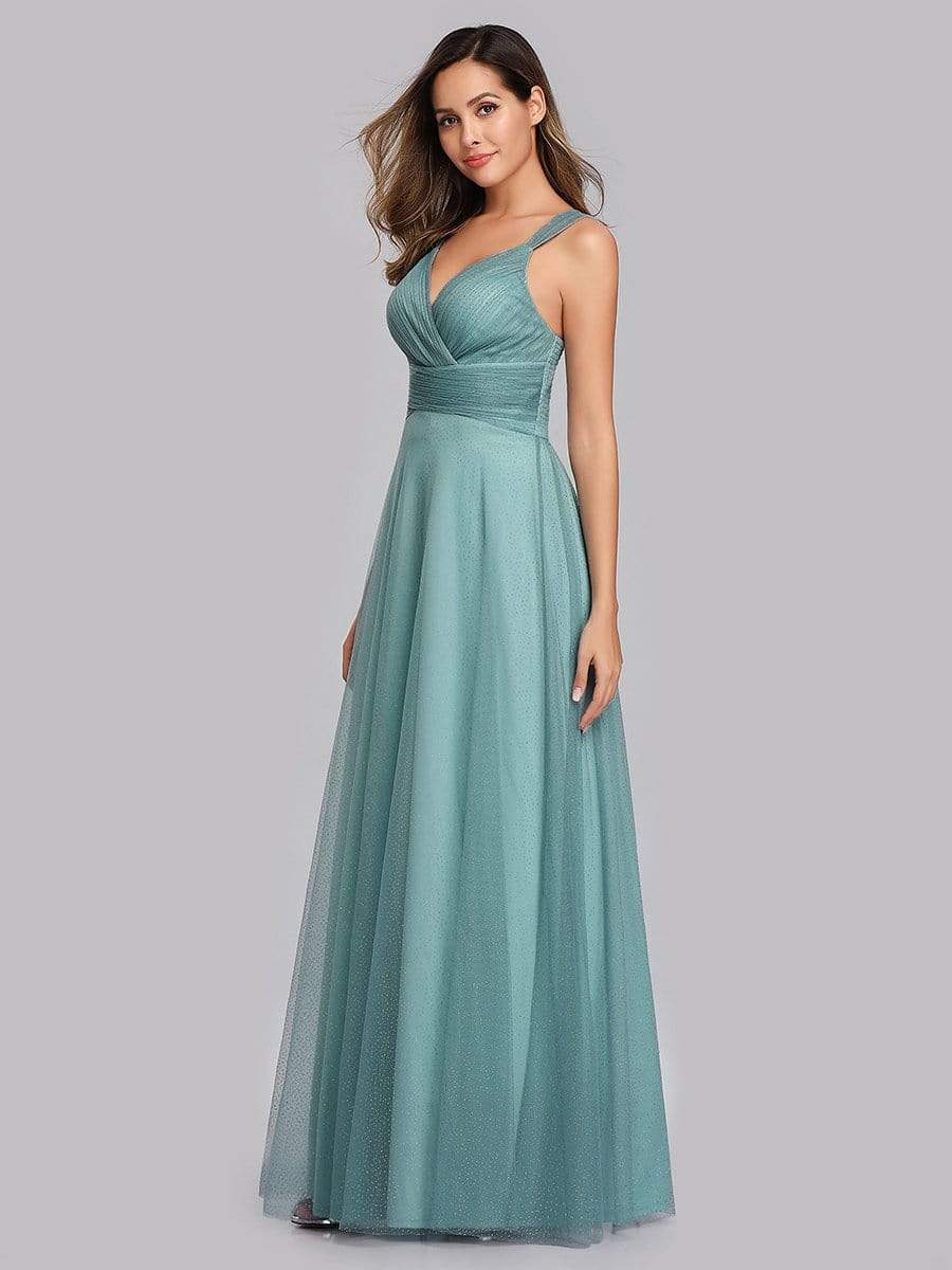 Color=Dusty Blue | Women'S A-Line V-Neck Sleeveless Floor Length Bridesmaid Dresses-Dusty Blue 4
