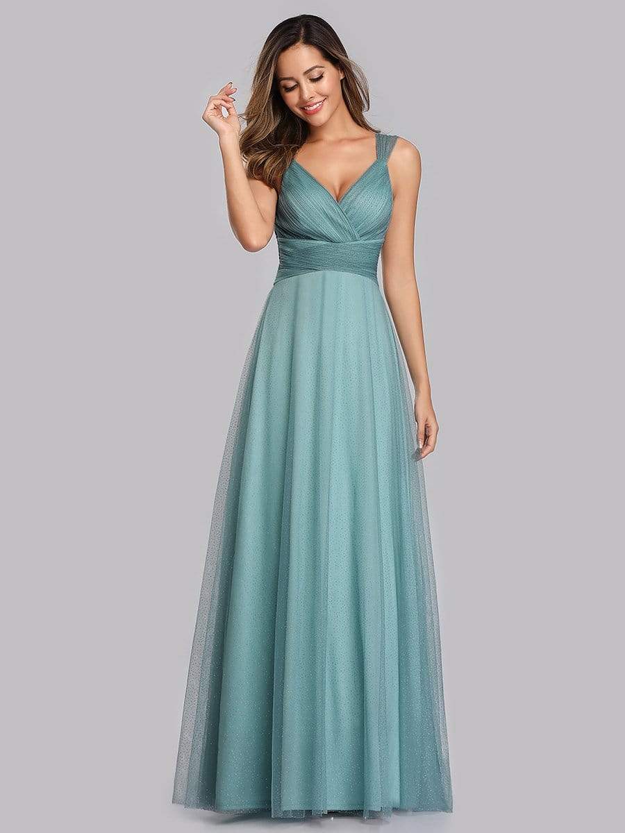 Color=Dusty Blue | Women'S A-Line V-Neck Sleeveless Floor Length Bridesmaid Dresses-Dusty Blue 5