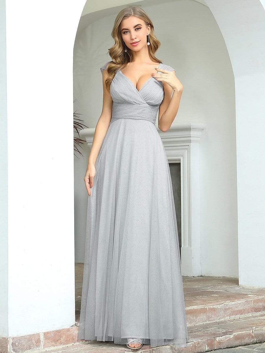 Color=Grey | Women'S A-Line V-Neck Sleeveless Floor Length Bridesmaid Dresses-Grey 1