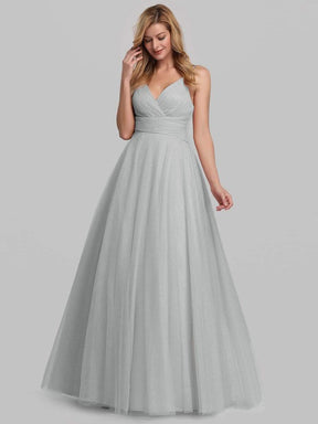 Color=Grey | Women'S A-Line V-Neck Sleeveless Floor Length Bridesmaid Dresses-Grey 4