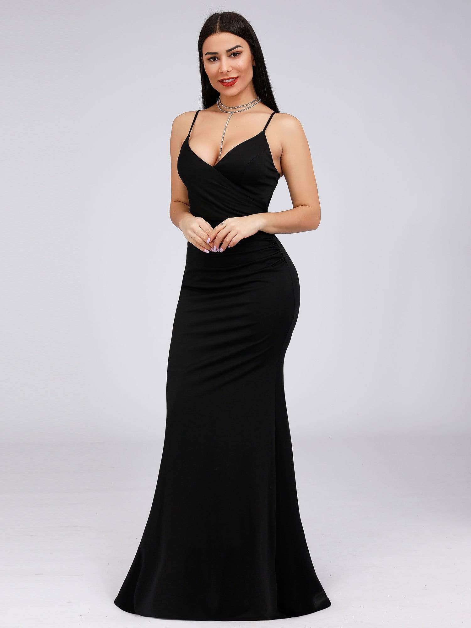 Color=Black | Women'S Fashion V Neck Floor Length Fishtail Evening Dress-Black 4