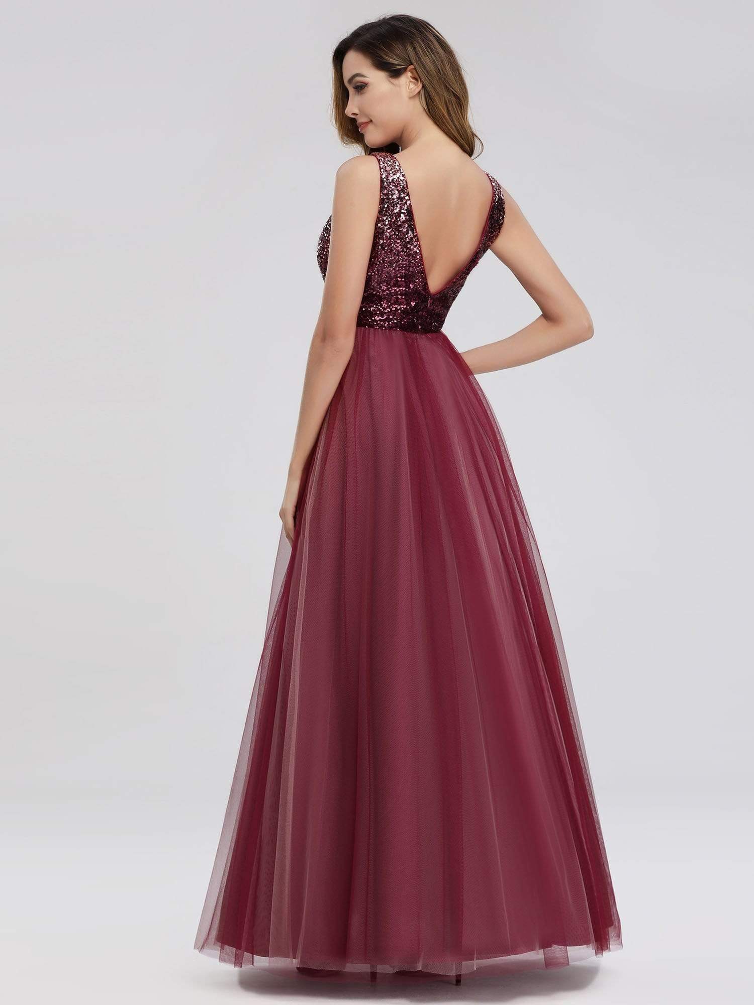 Color=Burgundy | Women'S V-Neck Sequin Dress Patchwork Evening Party Dresses-Burgundy 4