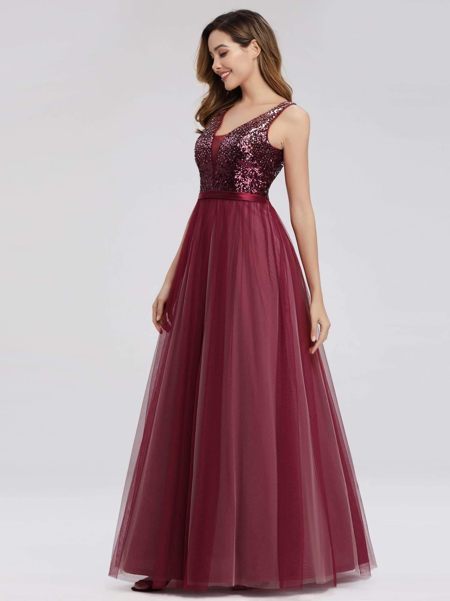 Color=Burgundy | Women'S V-Neck Sequin Dress Patchwork Evening Party Dresses-Burgundy 2