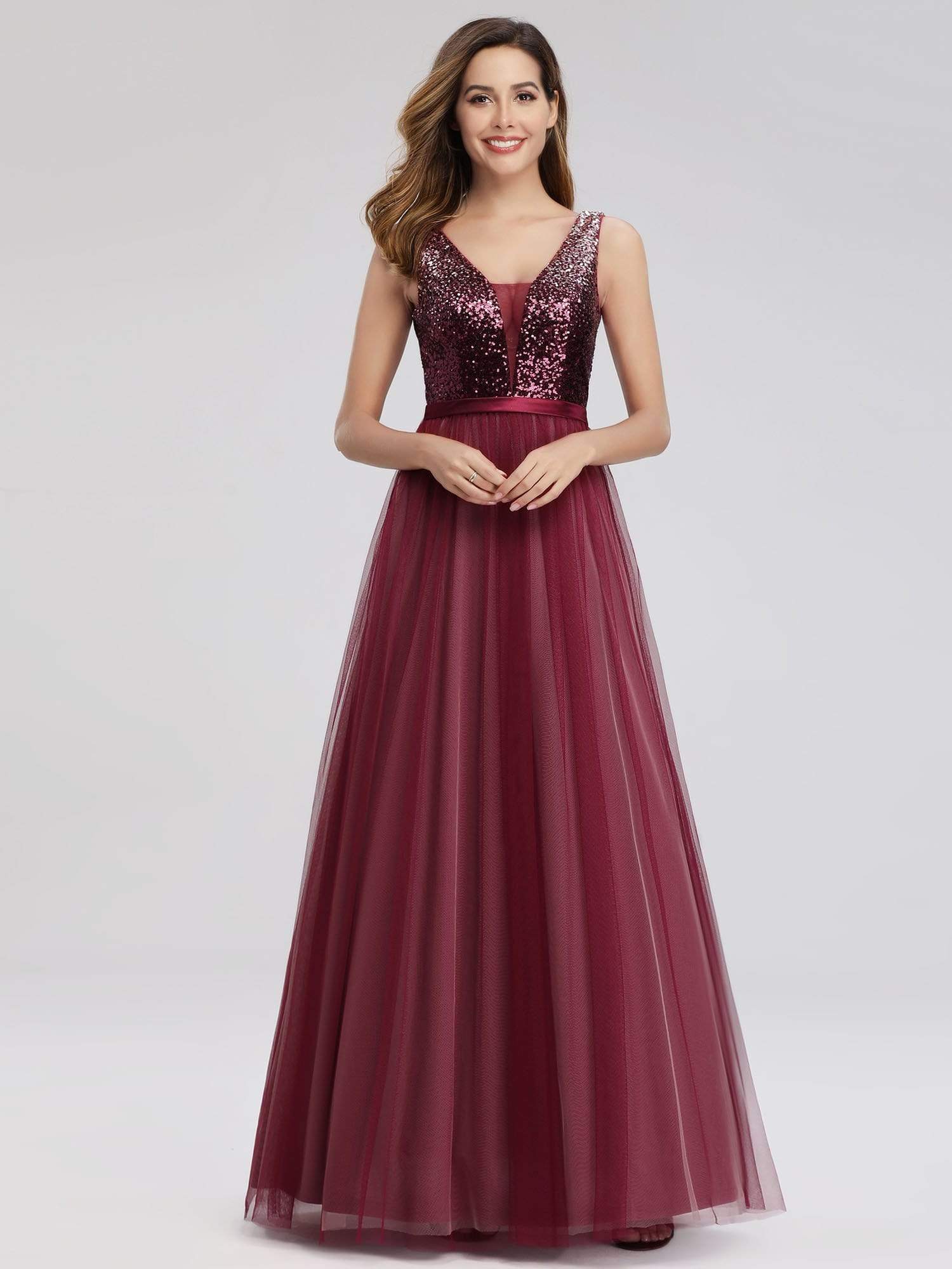 Color=Burgundy | Women'S V-Neck Sequin Dress Patchwork Evening Party Dresses-Burgundy 3