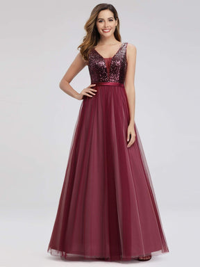 Color=Burgundy | Women'S V-Neck Sequin Dress Patchwork Evening Party Dresses-Burgundy 1