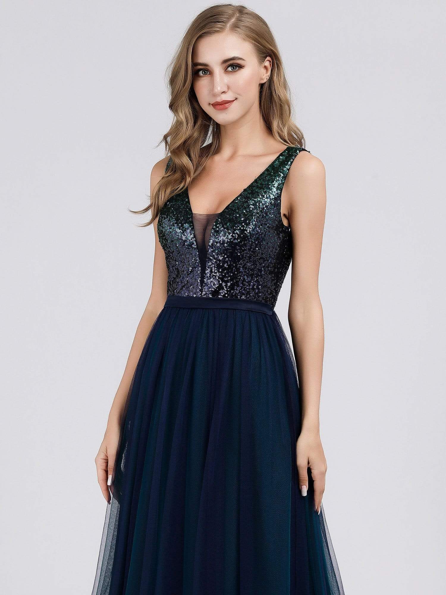 Color=Navy Blue | Women'S V-Neck Sequin Dress Patchwork Evening Party Dresses-Navy Blue 5