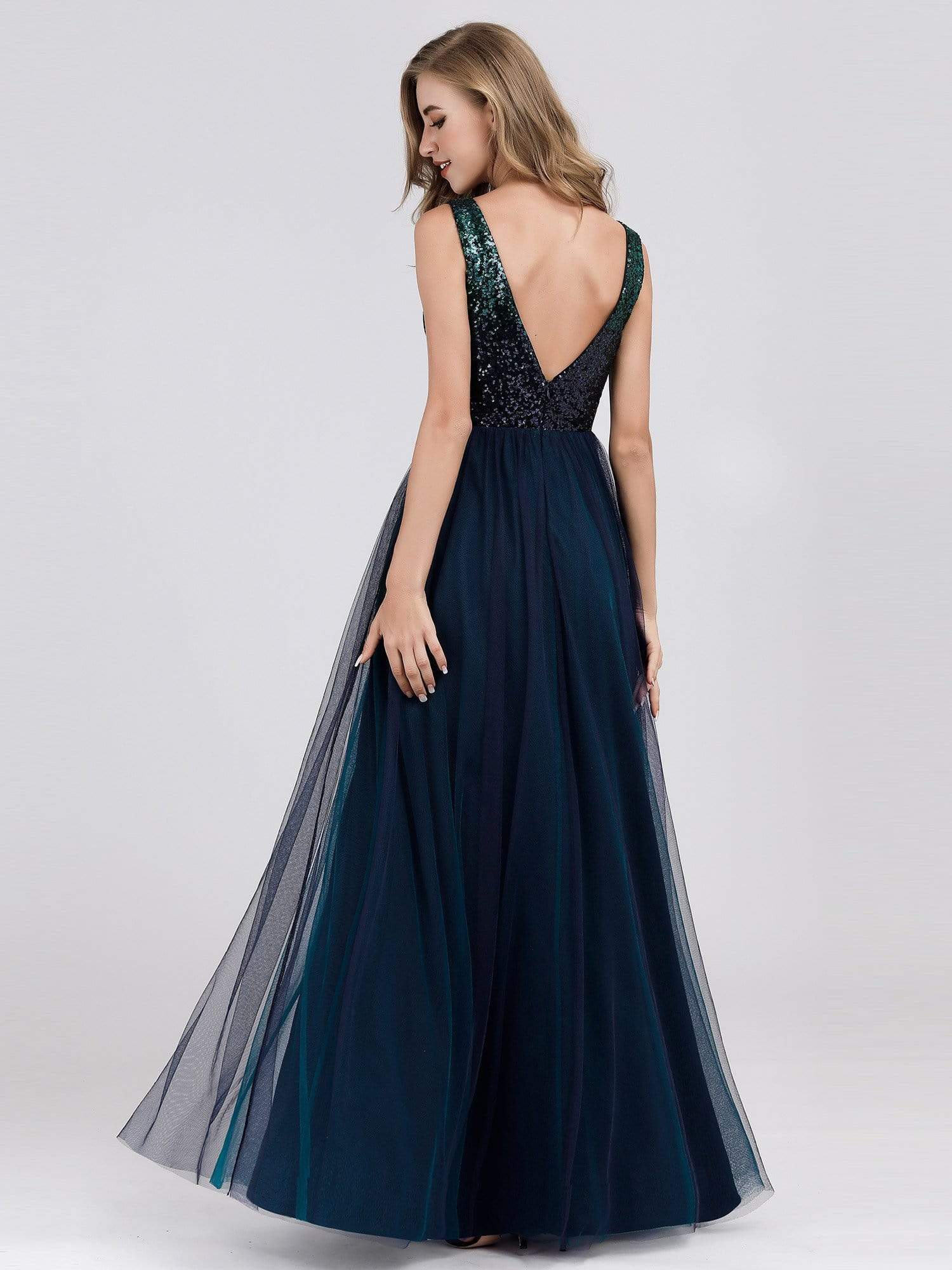 Color=Navy Blue | Women'S V-Neck Sequin Dress Patchwork Evening Party Dresses-Navy Blue 2