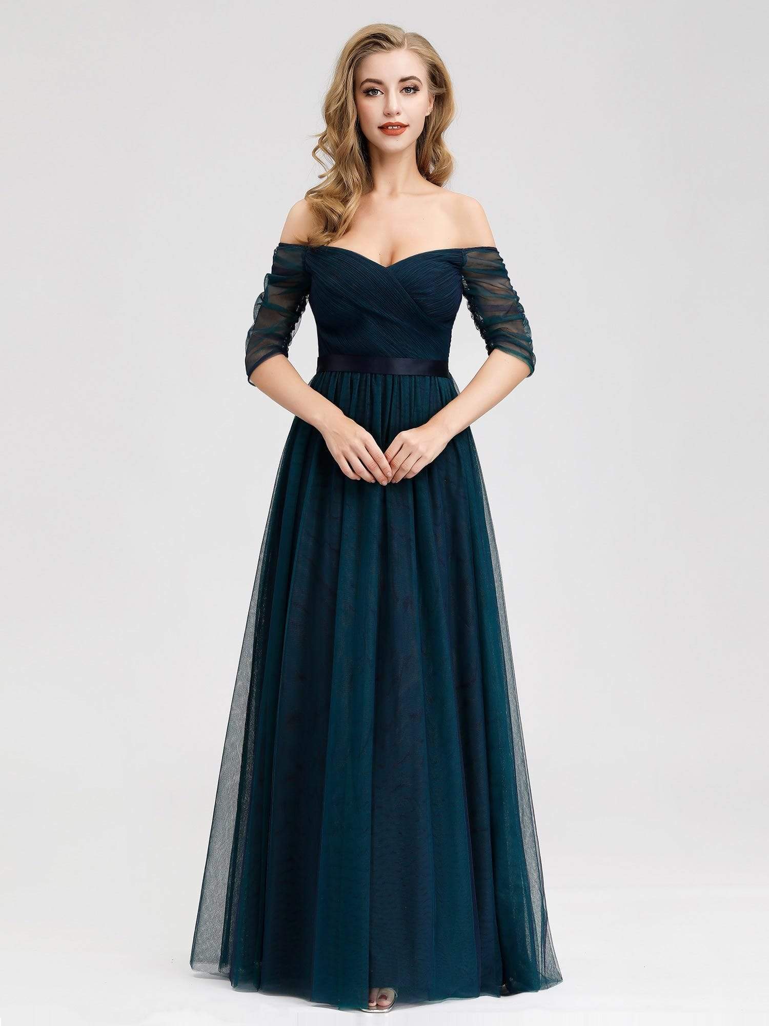 Color=Navy Blue | Sexy Off Shoulder Floor Length Evening Party Dress-Navy Blue 2