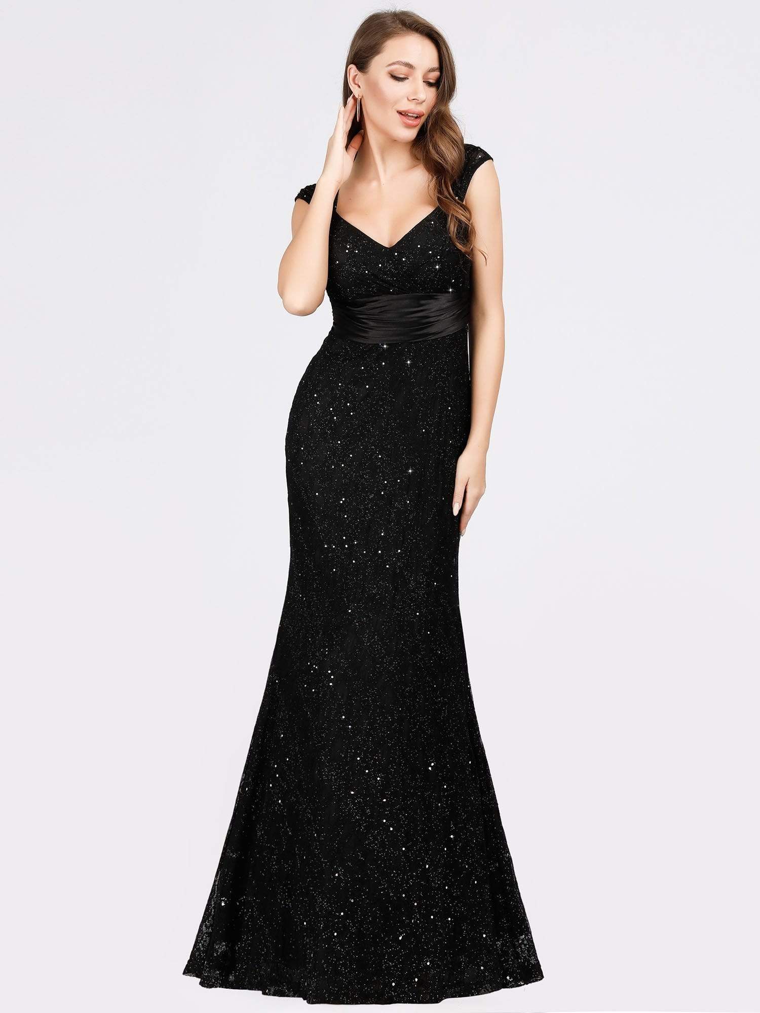 Color=Black | Women'S V-Neck Glitter Sequin Dress Bodycon Maxi Evening Dress-Black 2