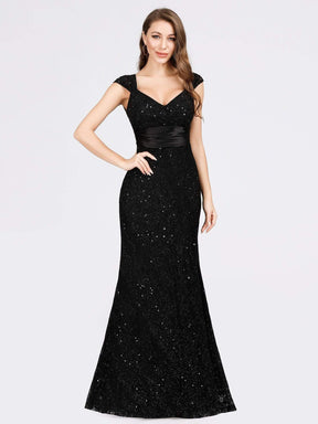 Color=Black | Women'S V-Neck Glitter Sequin Dress Bodycon Maxi Evening Dress-Black 1