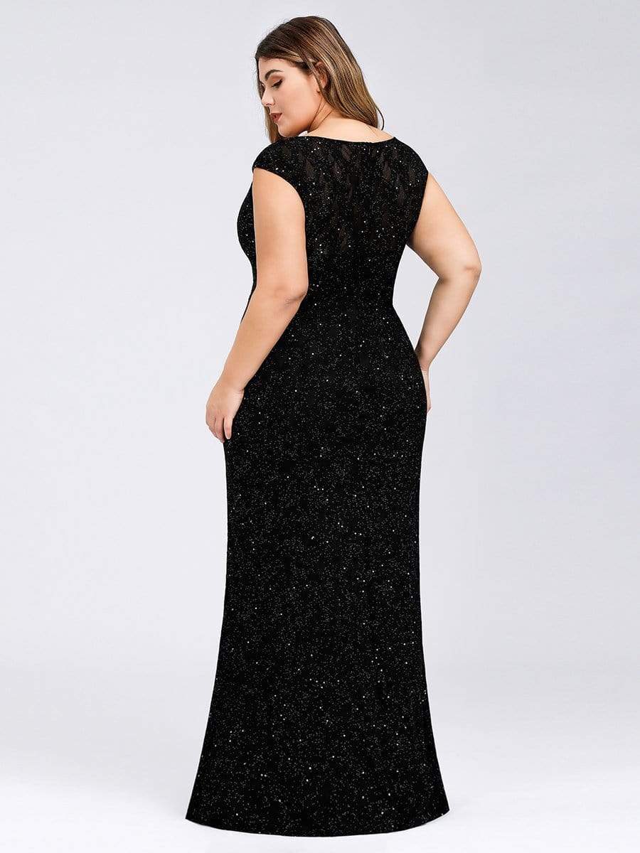 Color=Black | Plus Size Women'S V-Neck Glitter Sequin Dress Bodycon Maxi Evening Dress-Black 5