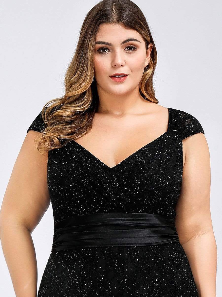 Color=Black | Plus Size Women'S V-Neck Glitter Sequin Dress Bodycon Maxi Evening Dress-Black 2