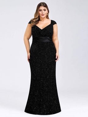 Color=Black | Plus Size Women'S V-Neck Glitter Sequin Dress Bodycon Maxi Evening Dress-Black 3