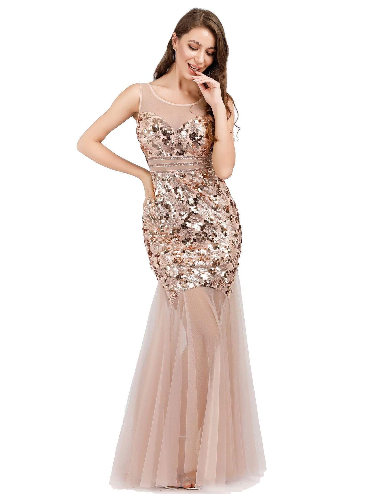 Color=Rose Gold | Women'S Sweetheart Illusion Sequin Dress Mermaid Bodycon Party Dresses-Rose Gold 2