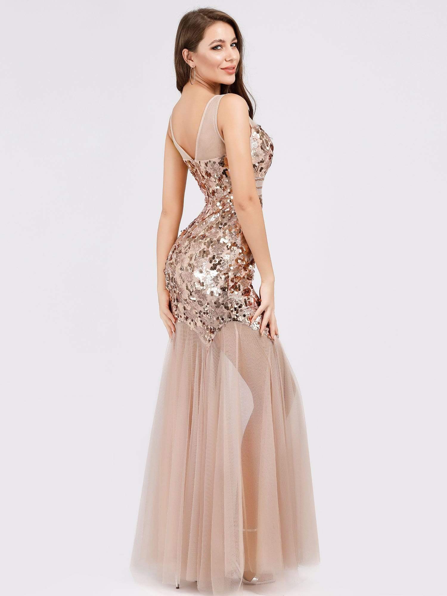 Color=Rose Gold | Women'S Sweetheart Illusion Sequin Dress Mermaid Bodycon Party Dresses-Rose Gold 3