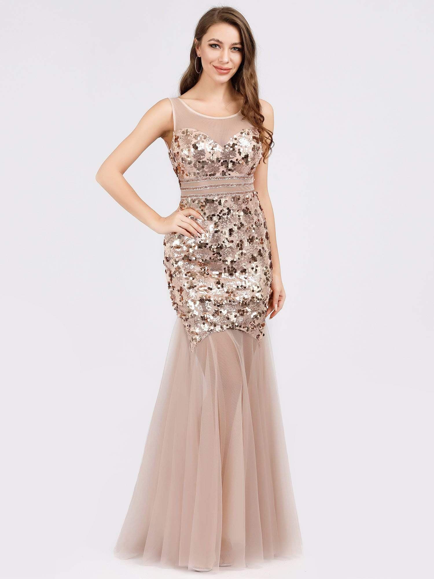 Color=Rose Gold | Women'S Sweetheart Illusion Sequin Dress Mermaid Bodycon Party Dresses-Rose Gold 4