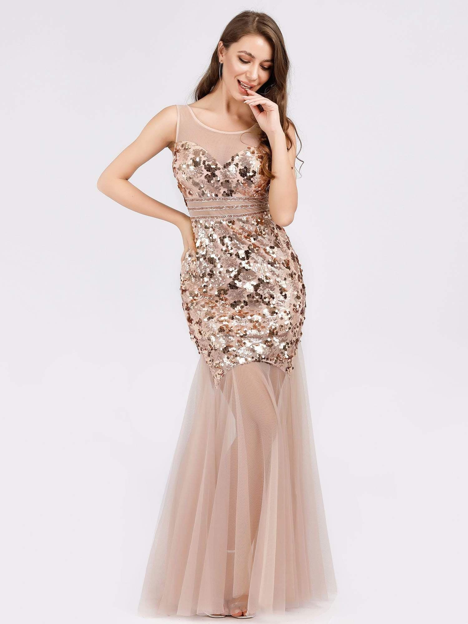 Color=Rose Gold | Women'S Sweetheart Illusion Sequin Dress Mermaid Bodycon Party Dresses-Rose Gold 1