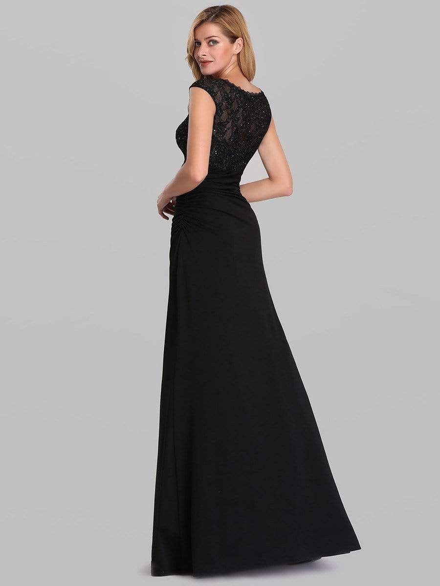 Color=Black | Round Neck Fishtail Evening Dress-Black 2