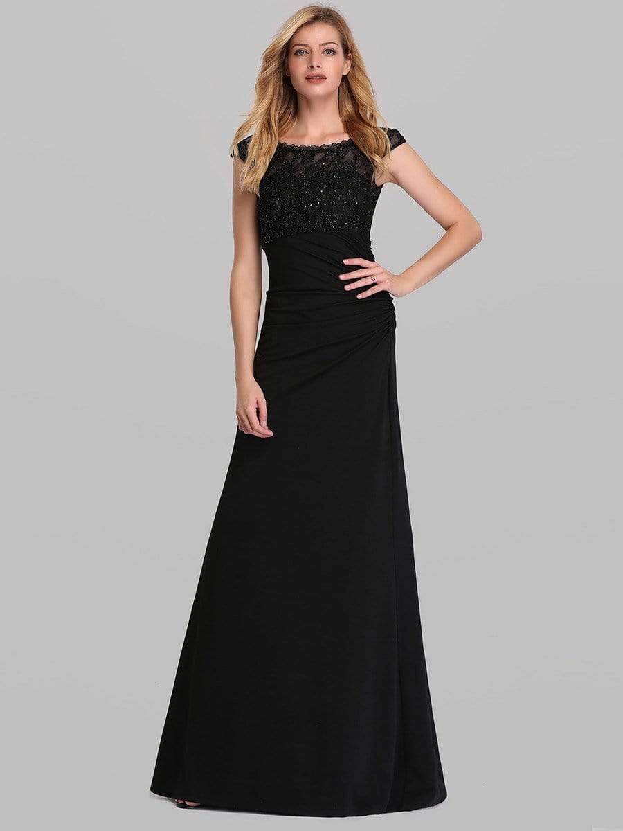 Color=Black | Round Neck Fishtail Evening Dress-Black 1