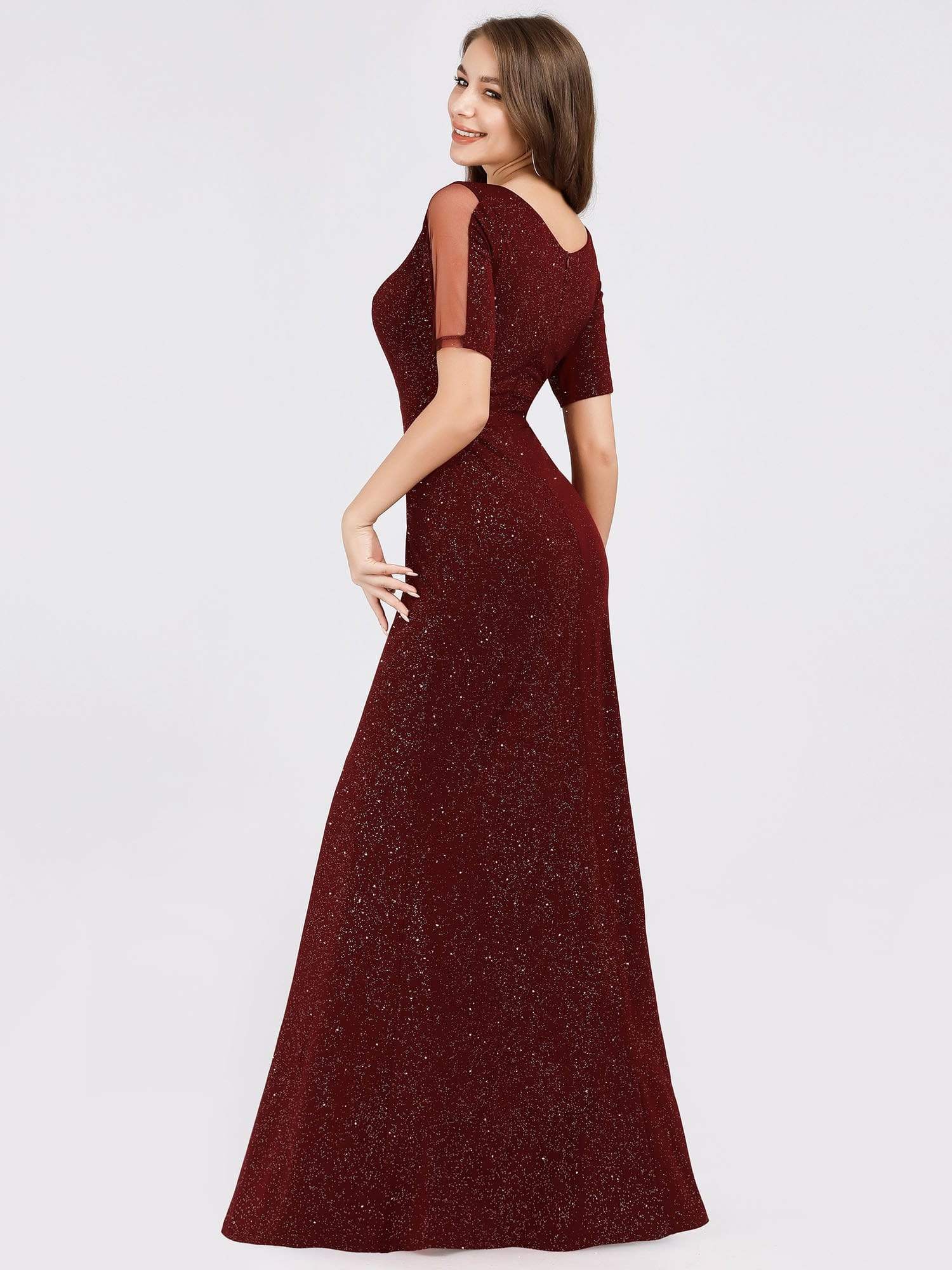 Color=Burgundy | Women'S A-Line V-Neck Short Sleeve Sequins Evening Dress-Burgundy 2