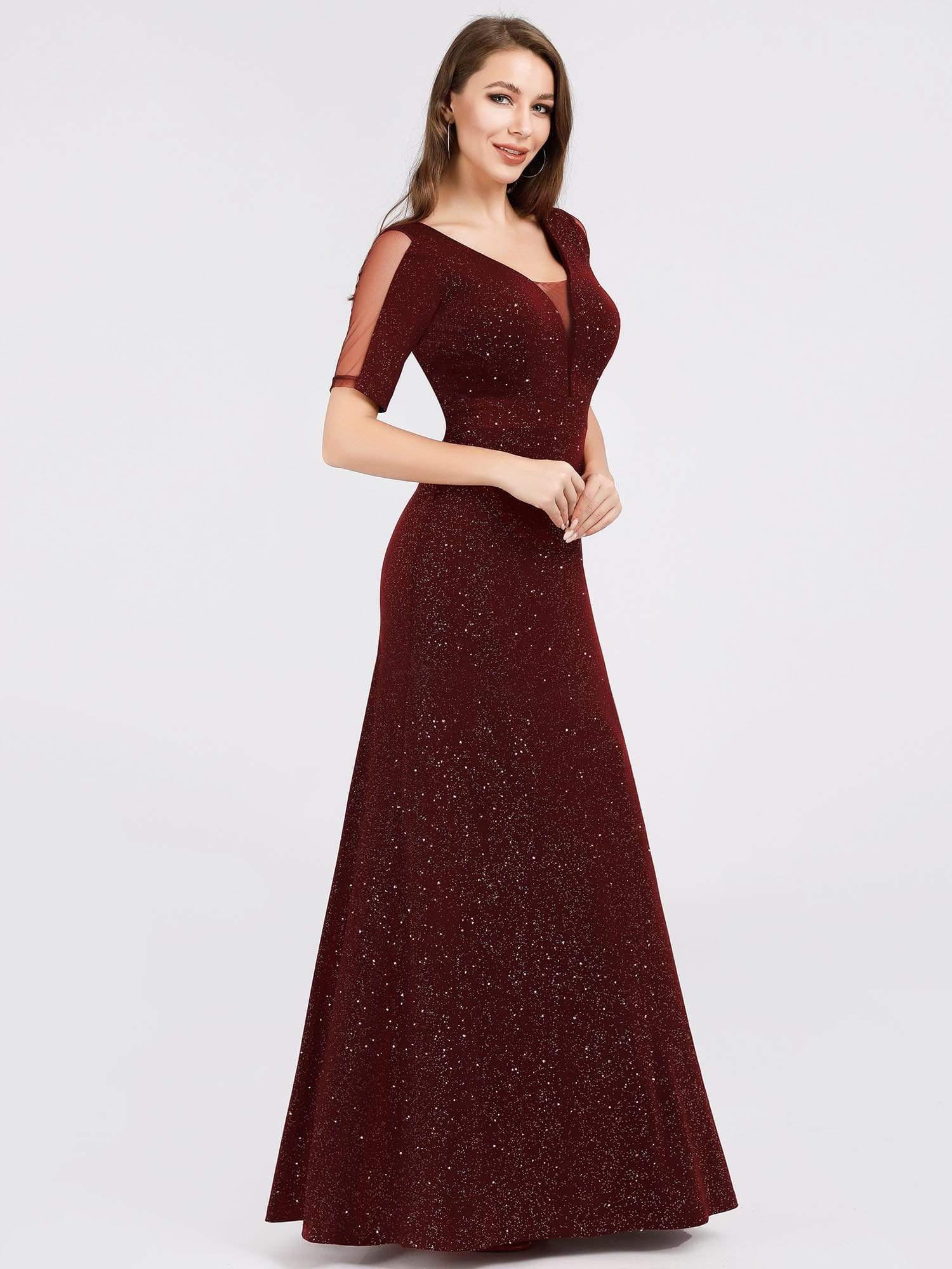 Color=Burgundy | Women'S A-Line V-Neck Short Sleeve Sequins Evening Dress-Burgundy 4