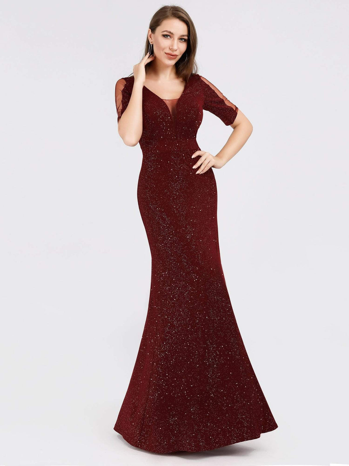 Color=Burgundy | Women'S A-Line V-Neck Short Sleeve Sequins Evening Dress-Burgundy 1