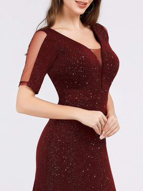 Color=Burgundy | Women'S A-Line V-Neck Short Sleeve Sequins Evening Dress-Burgundy 5