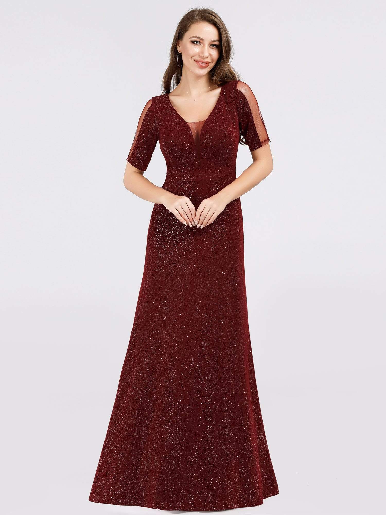 Color=Burgundy | Women'S A-Line V-Neck Short Sleeve Sequins Evening Dress-Burgundy 3
