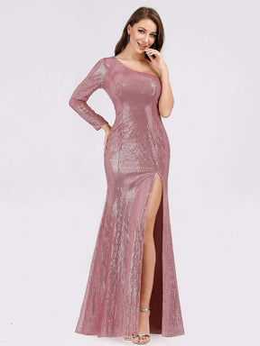Color=Purple Orchid | Gorgeous One Shoulder Sequins Party Dress With Thigh High Slit-Purple Orchid 4