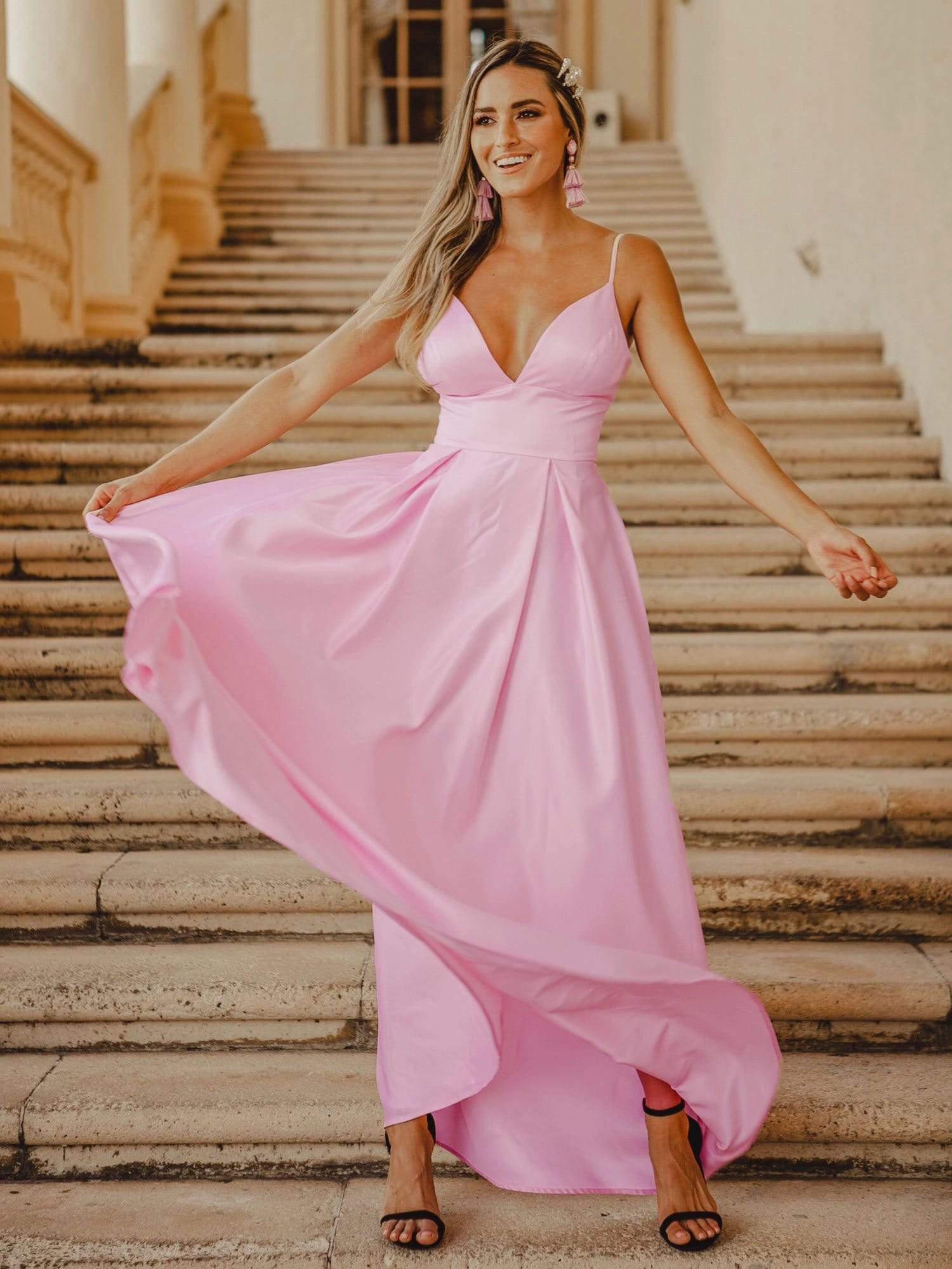 Color=Pink | Women'S A-Line V-Neck Satin Floor-Length Evening Dresses-Pink 2