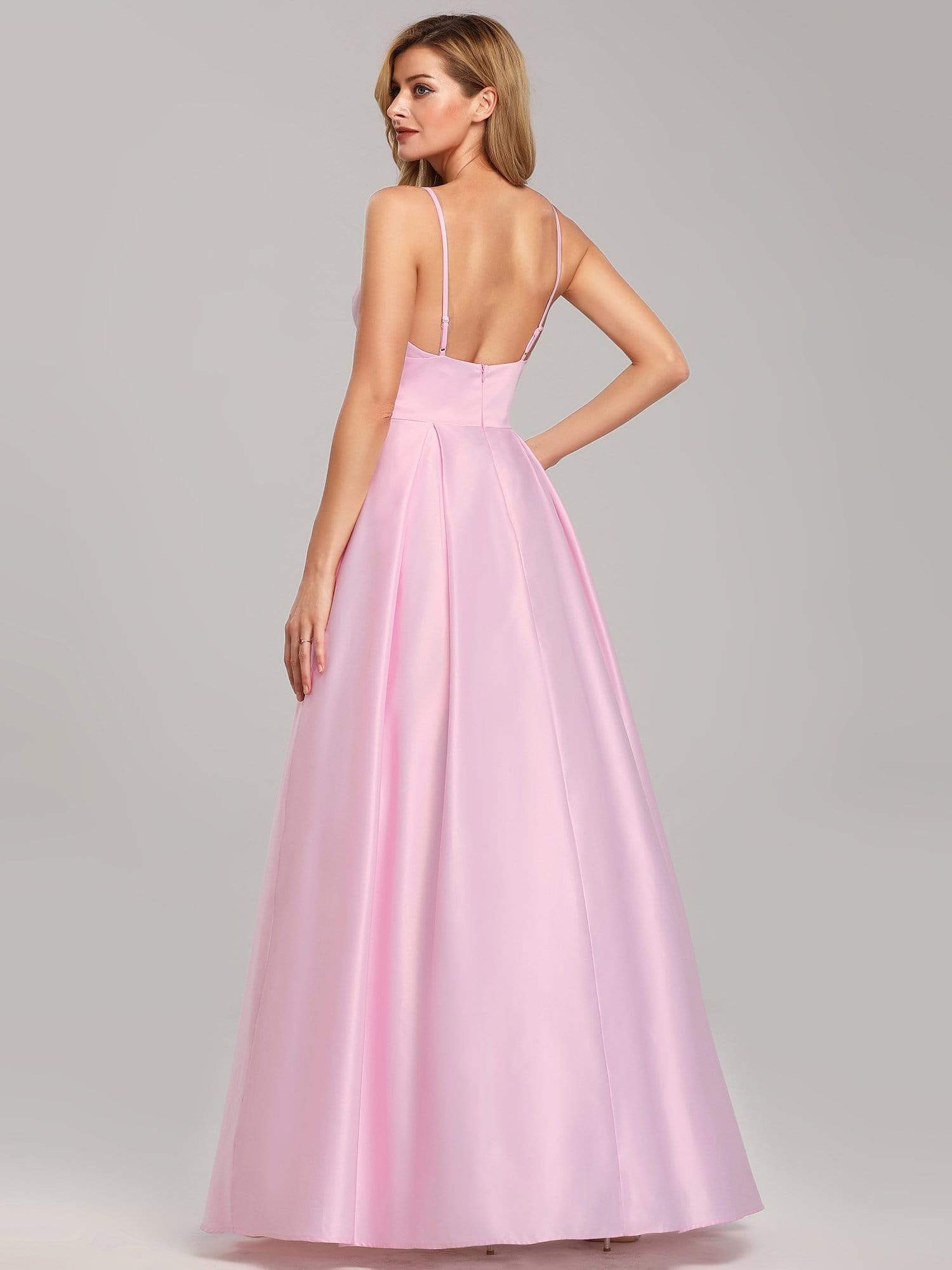 Color=Pink | Women'S A-Line V-Neck Satin Floor-Length Evening Dresses-Pink 4