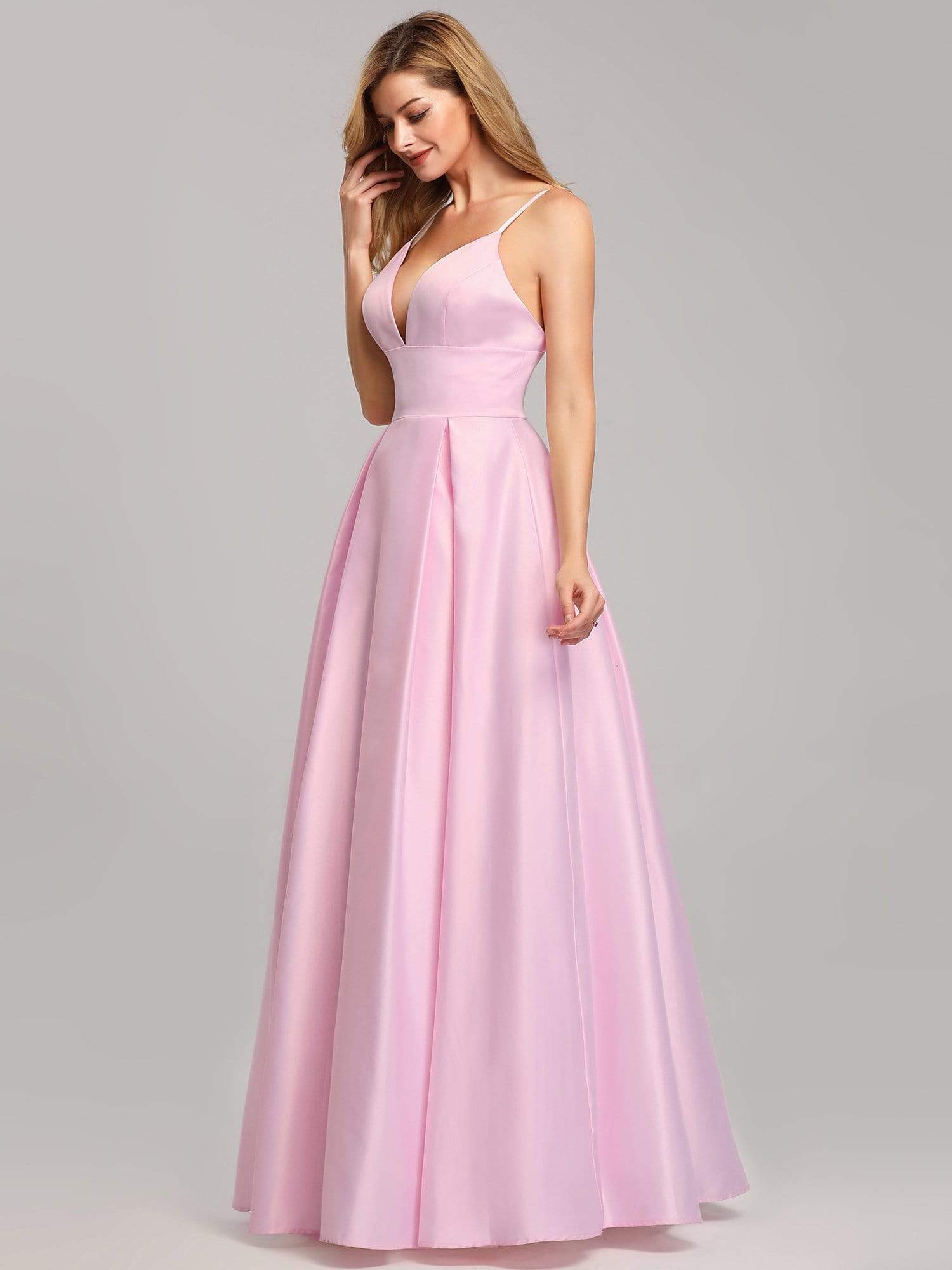 Color=Pink | Women'S A-Line V-Neck Satin Floor-Length Evening Dresses-Pink 6
