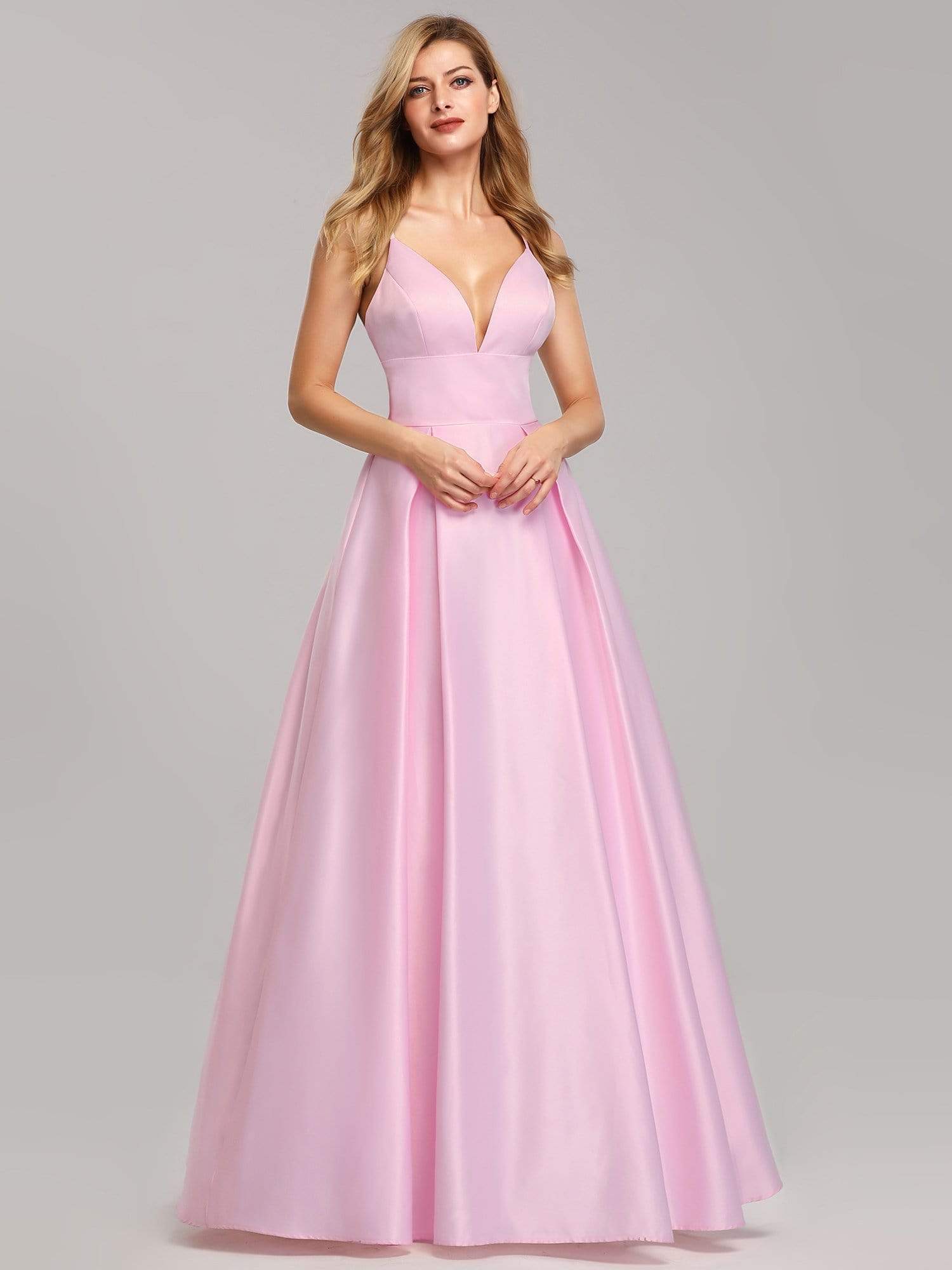 Color=Pink | Women'S A-Line V-Neck Satin Floor-Length Evening Dresses-Pink 5
