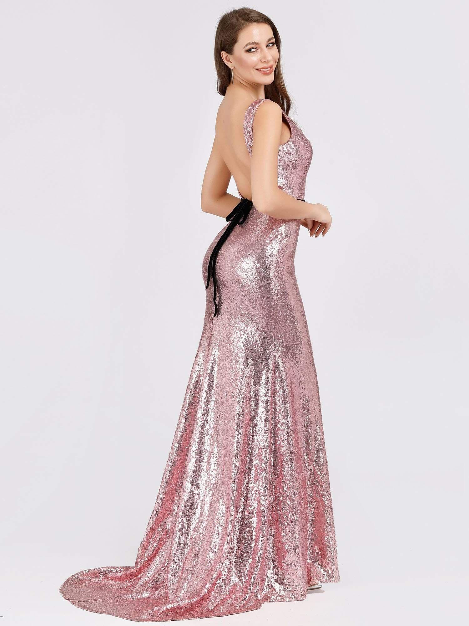 Color=Purple Orchid | Backless Sequin Fishtail Dresses With Side Split-Purple Orchid 2