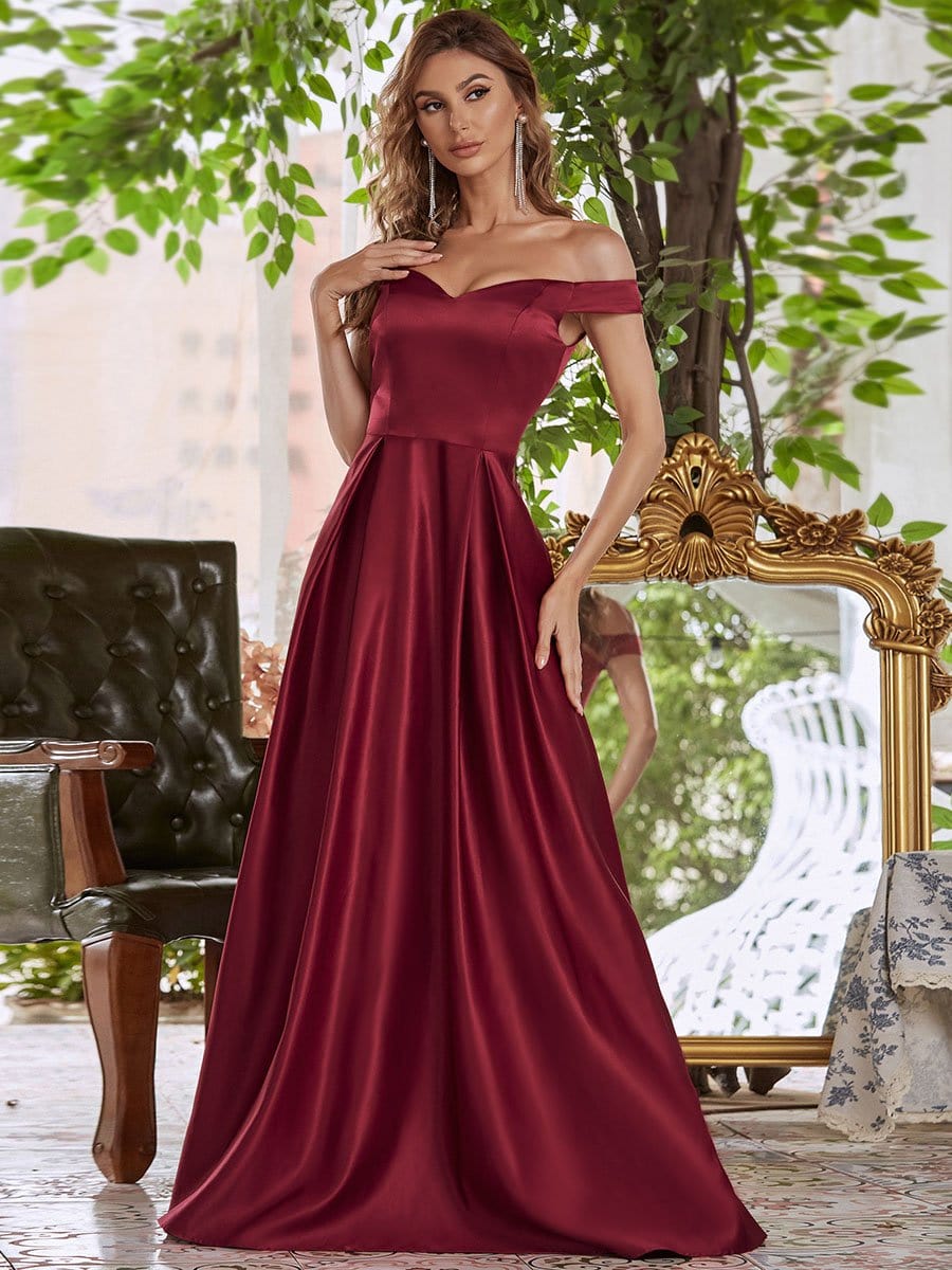 Color=Burgundy | Women's A-Line V-Neck Off Shoulder Evening Dress-Burgundy 1
