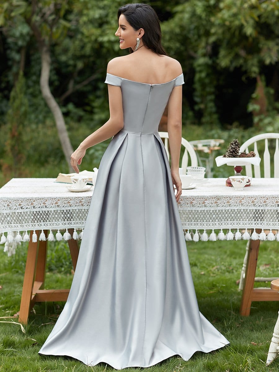 Color=Grey | Women's A-Line V-Neck Off Shoulder Evening Dress-Grey 2
